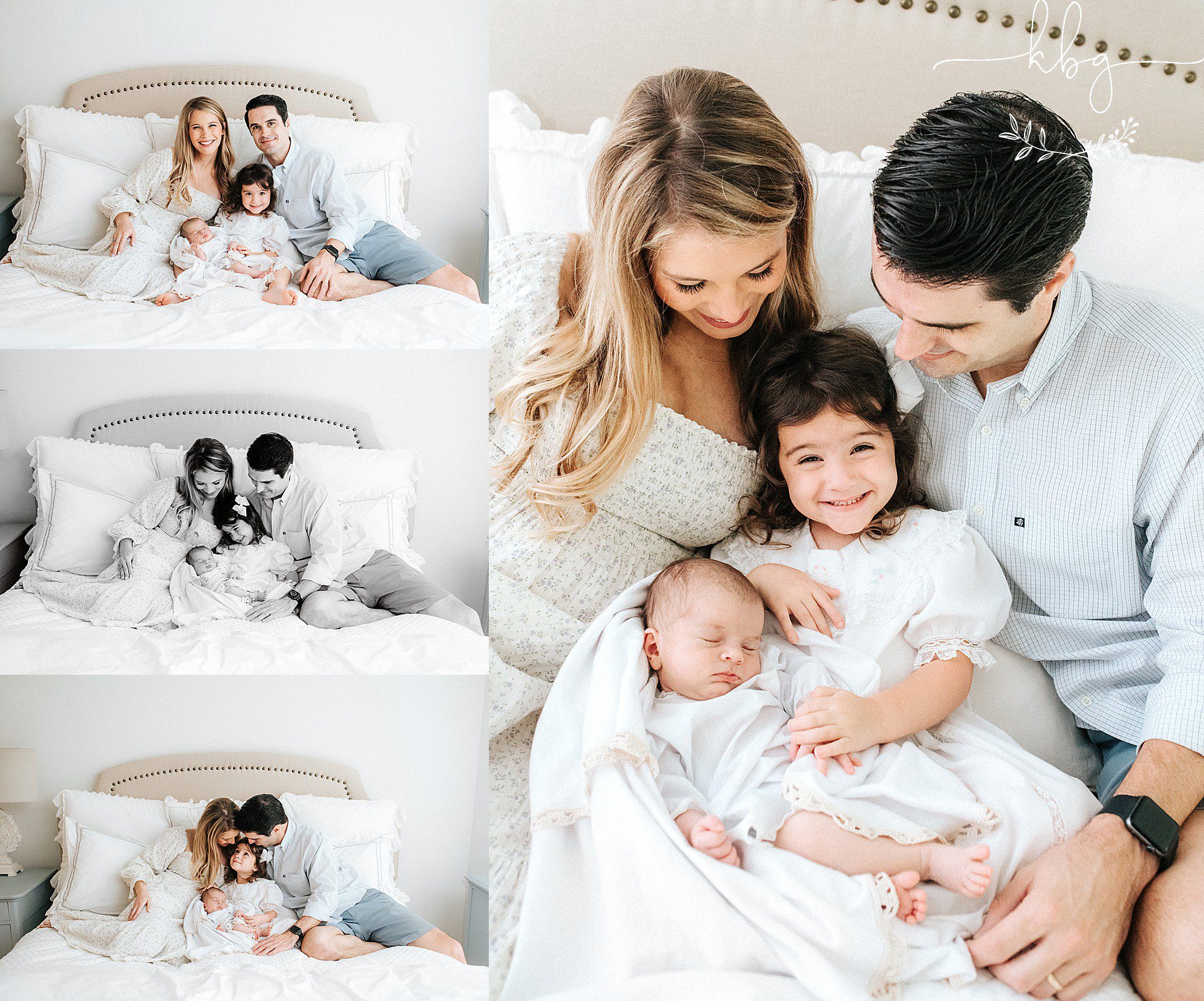new family of four posing on mom and dad's bed - marietta in home newborn session