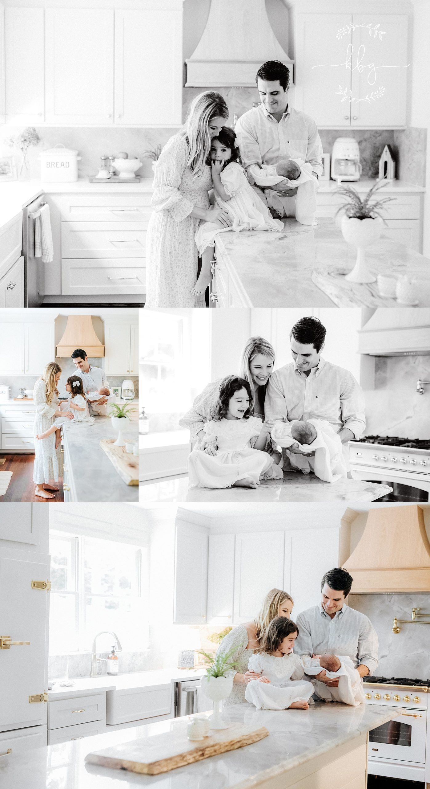 family of four posing in beautiful white kitchen - east cobb family photographer