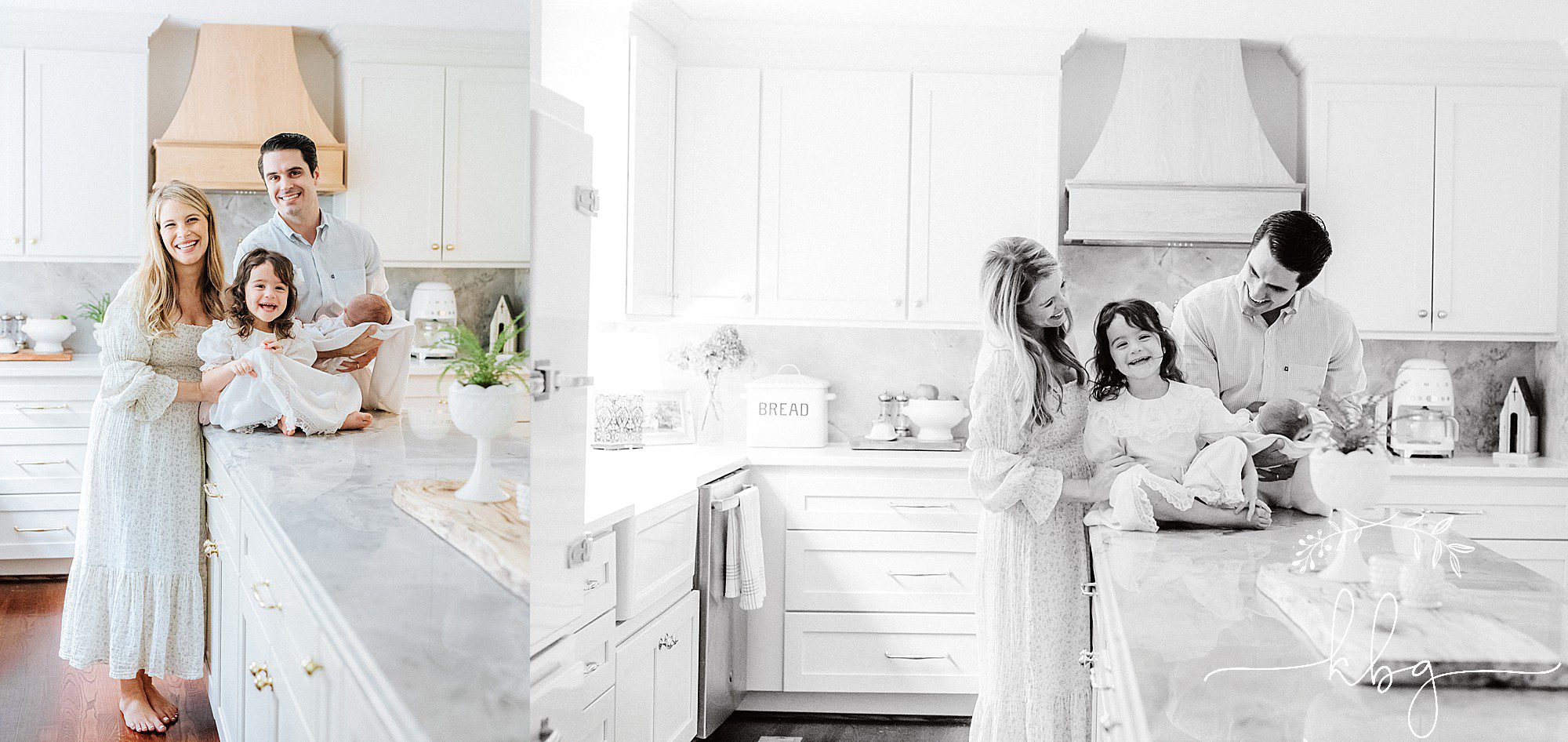 new family of four posing in gorgeous white kitchen - marietta family photographer