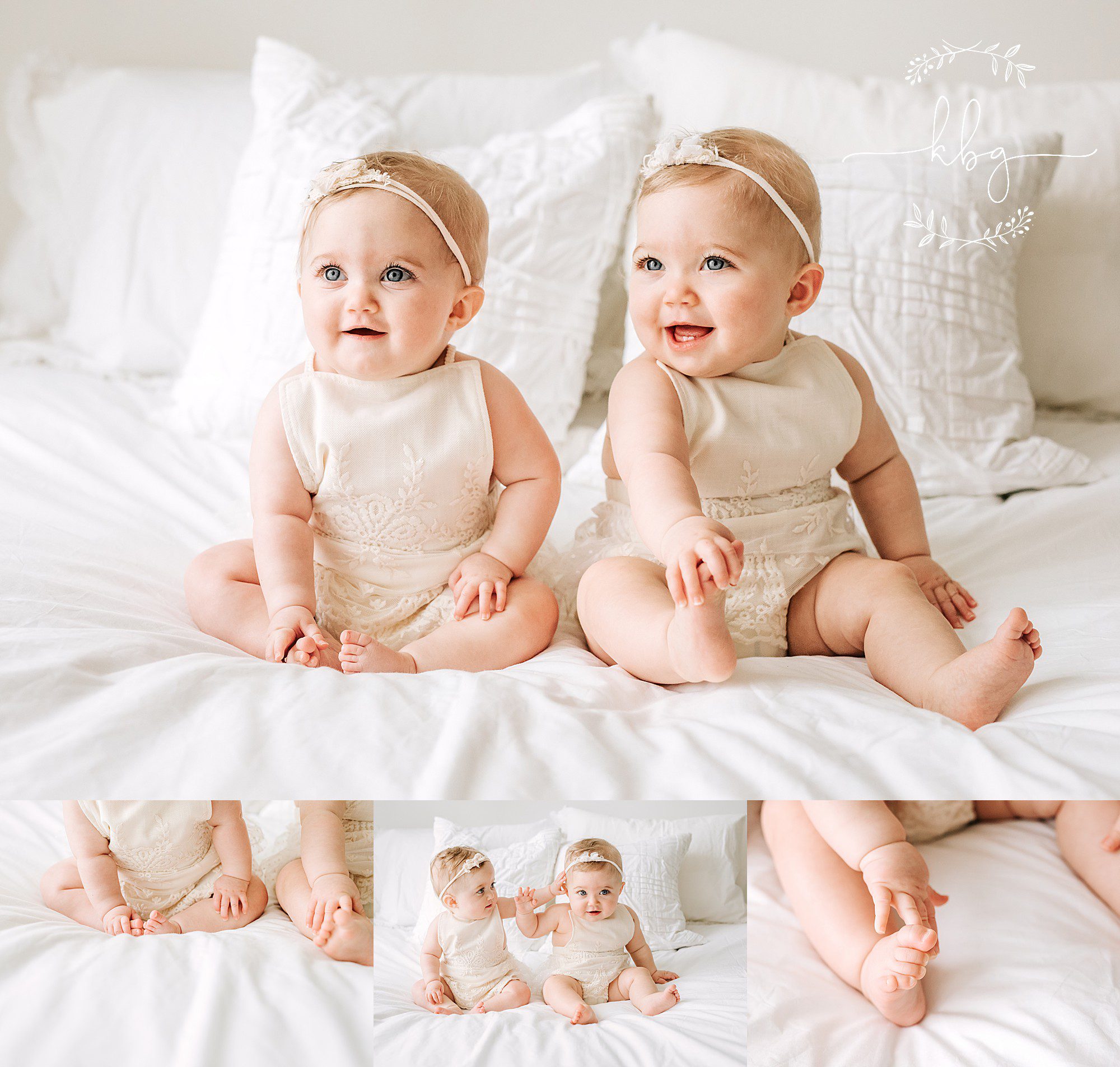 twin baby girls sitting on bed - atlanta studio photographer