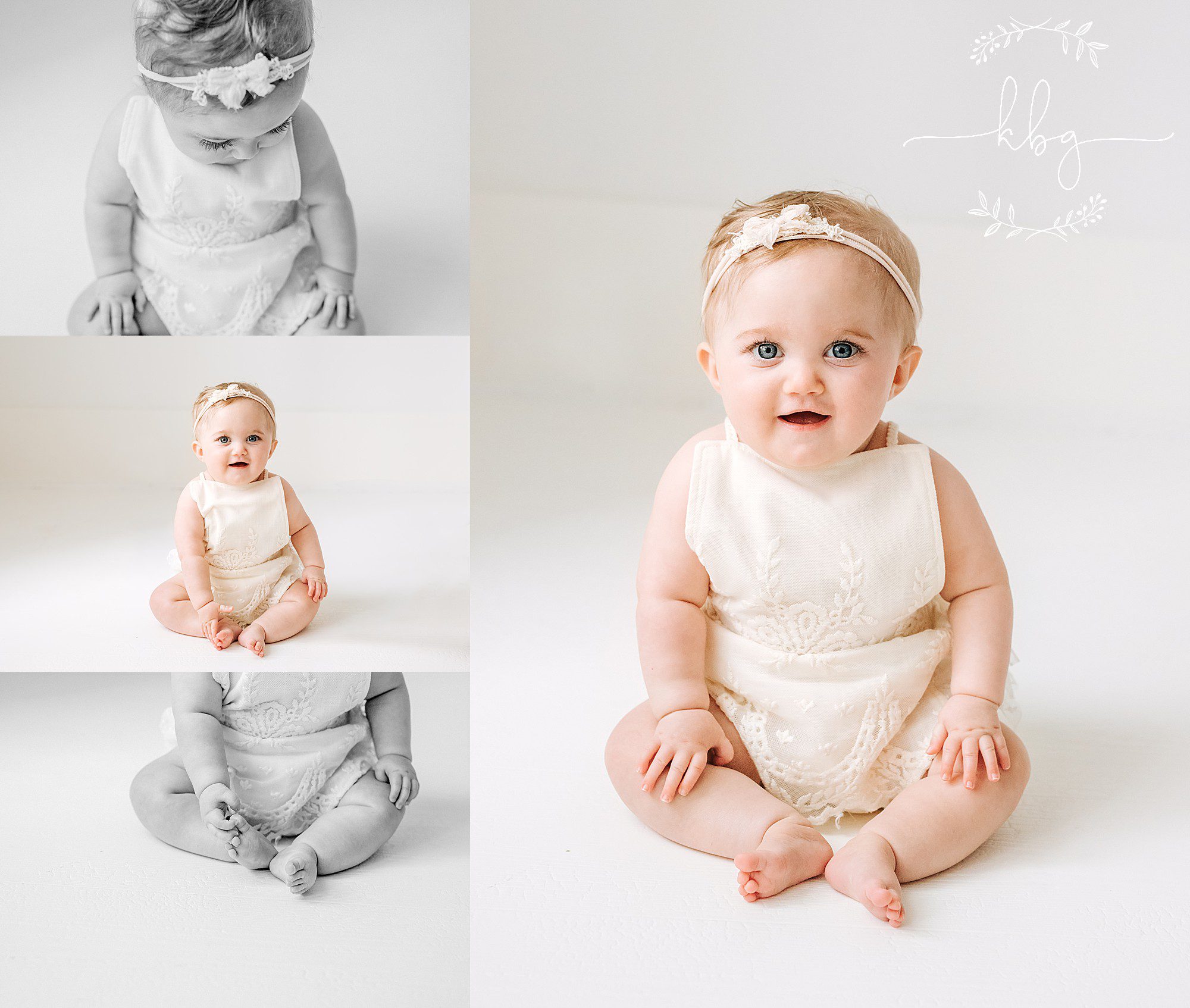 baby I sitting on white floor - Marietta studio photographer
