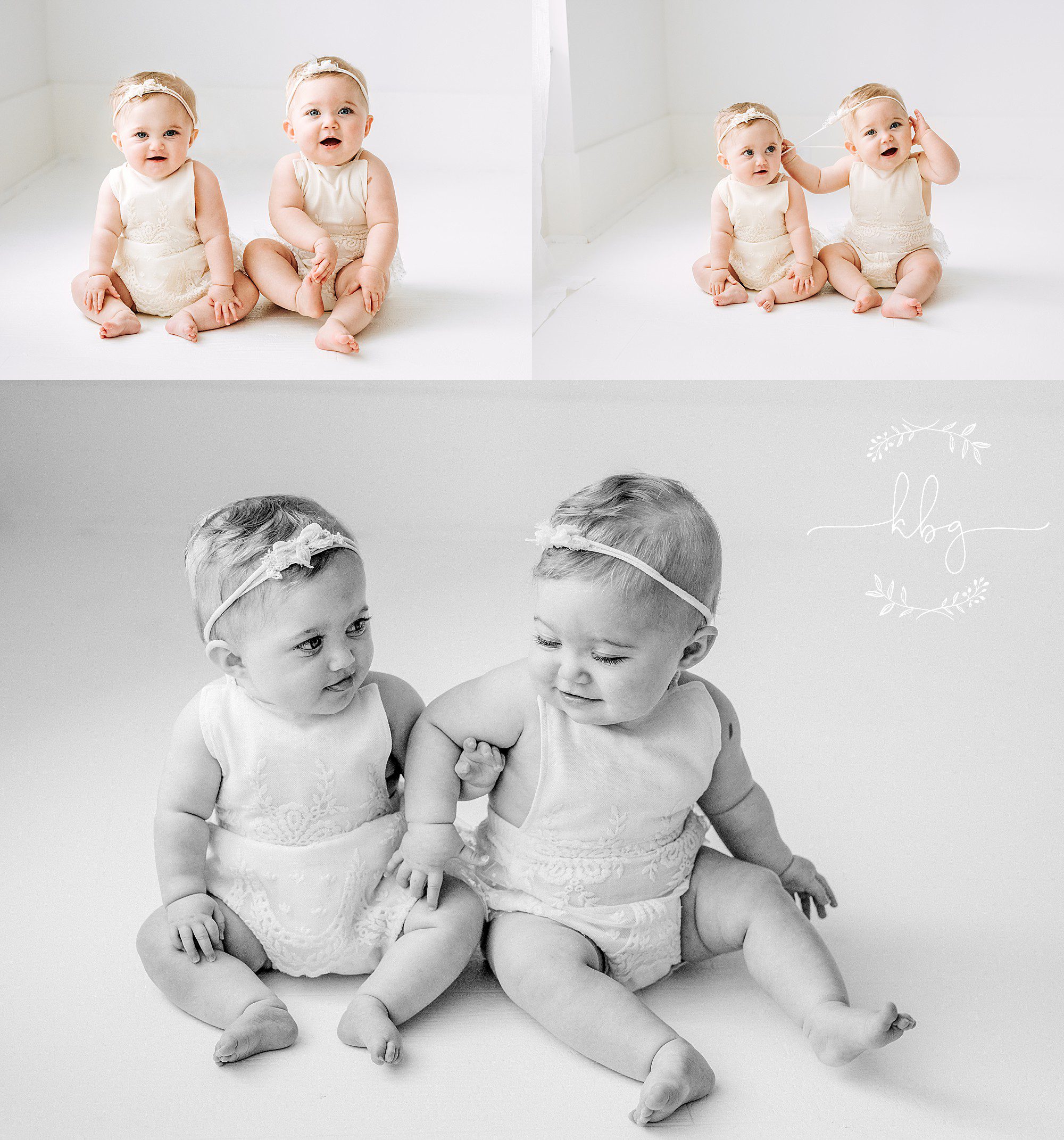 twin babies sitting on white floor - atlanta baby photographer