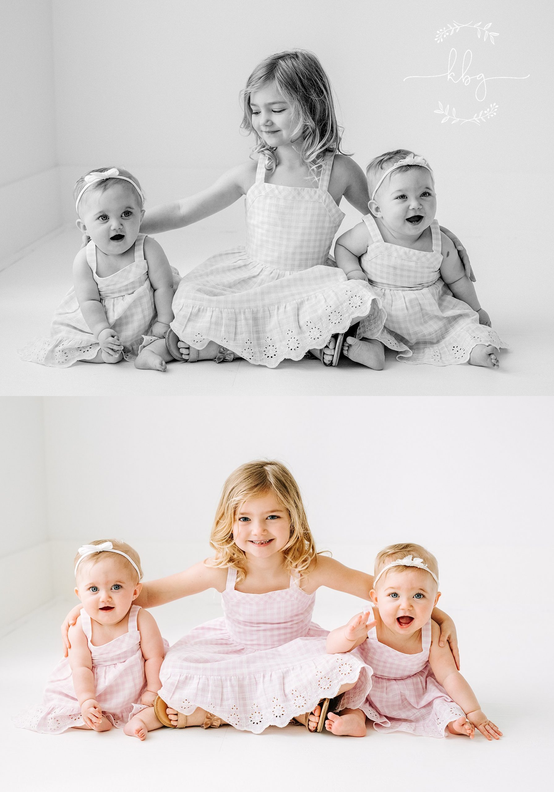 big sister sitting on floor with baby sisters - marietta family photographer
