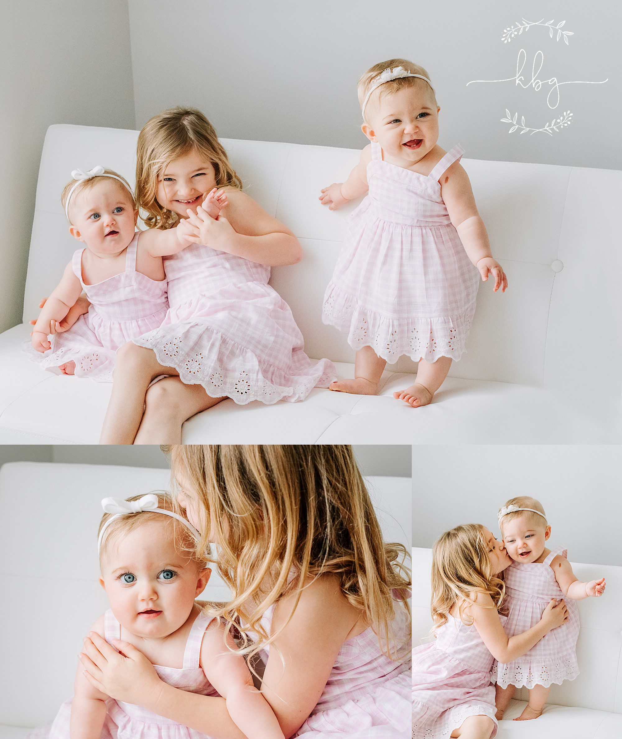 big sister playing with baby sisters on the couch in studio - marietta studio photographer