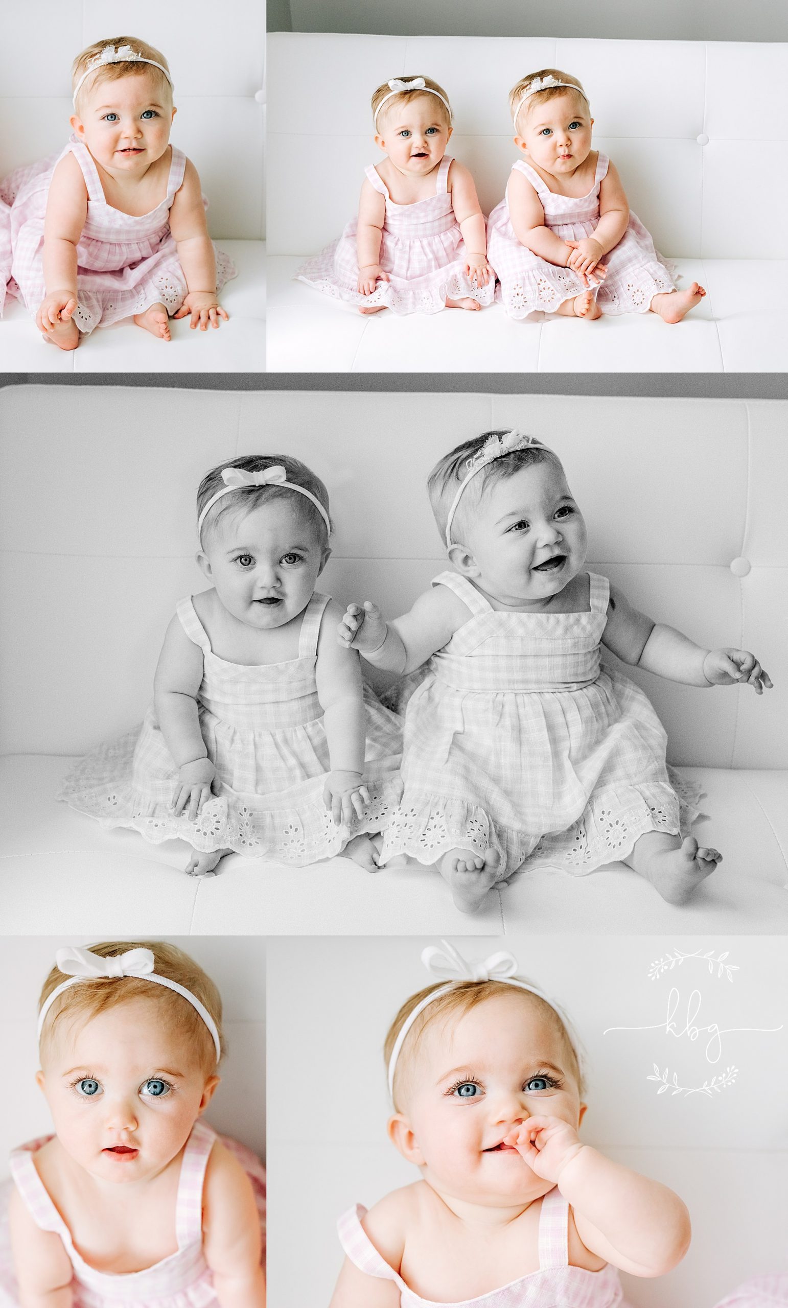 baby twins posing on white couch - marietta studio photographer